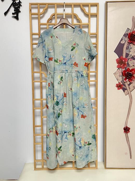 丁摩 苎麻连衣裙旅行印花收腰显瘦棉麻裙子Q122048HS-DY199 商品图3