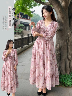 【130-320斤大码女装】轻奢小个子连衣裙 夏季新款 胖MM时尚气质V领水墨画连衣裙