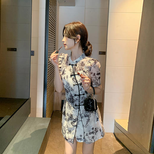 奢姿大码女装年夏季新款减龄水墨印花三件套胖妹妹时尚套装8942990005 商品图5