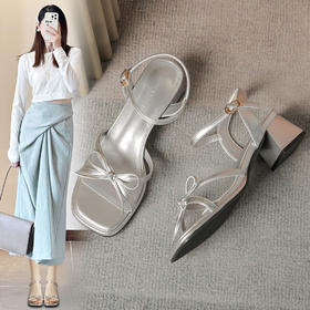 ZHR一字带凉鞋女2024新款夏季仙女风蝴蝶结高级凉鞋耐磨粗跟女鞋