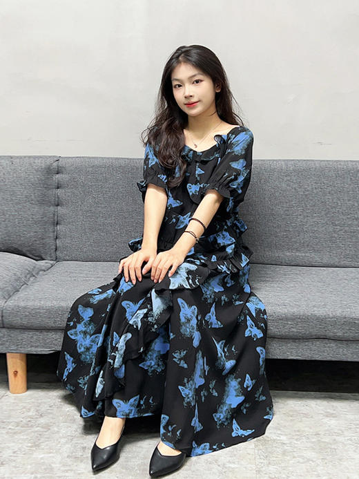 夏季新款【荷叶边连衣裙】130-320斤大码女装 胖妹妹时尚宽松A字裙 蝴蝶印花设计  商品图0