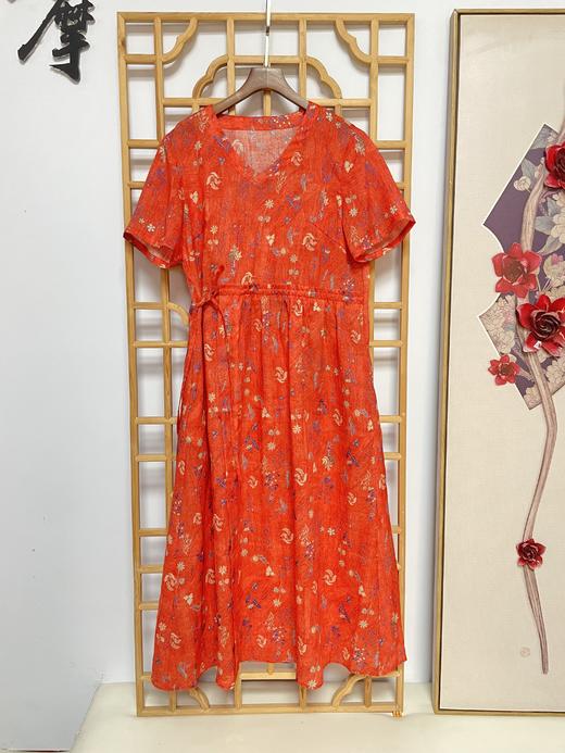 丁摩 苎麻连衣裙旅行印花收腰显瘦棉麻裙子Q122048HS-DY199 商品图2