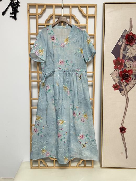 丁摩 苎麻连衣裙旅行印花收腰显瘦棉麻裙子Q122048HS-DY199 商品图9