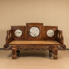 清 红木镶云石七屏风罗汉床