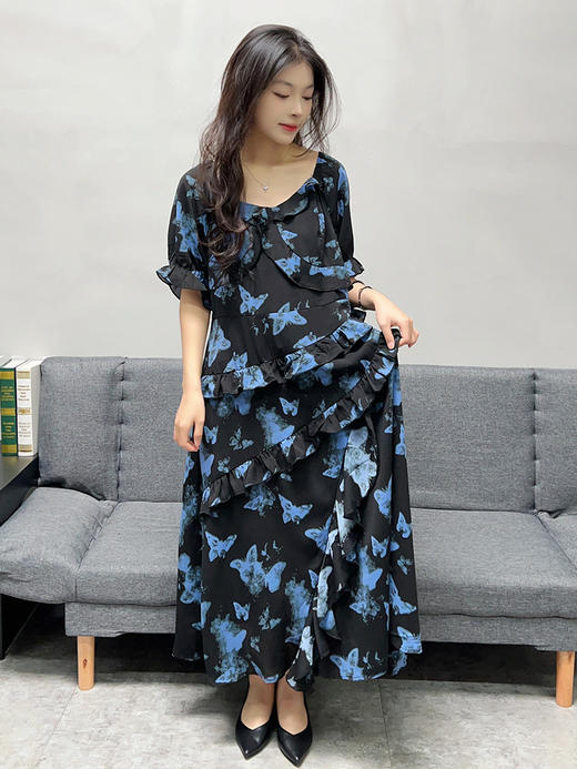 夏季新款【荷叶边连衣裙】130-320斤大码女装 胖妹妹时尚宽松A字裙 蝴蝶印花设计  商品图1