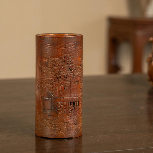 清 竹雕山水人物笔筒 商品图0