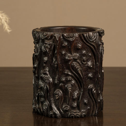 二十世纪 紫檀雕树瘤笔筒 商品图0