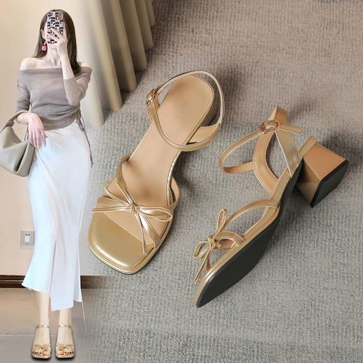 ZHR一字带凉鞋女2024新款夏季仙女风蝴蝶结高级凉鞋耐磨粗跟女鞋 商品图1