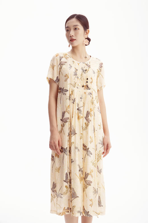 HJ2S57_如梦令色_连衣裙_夏季_优雅复古蜻蜓印花圆领收褶宽松 A 字长裙_高级女装_BERNIEELEN 伯妮斯茵 商品图2