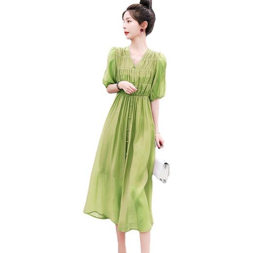 2024春夏新款时尚休闲气质V领温柔风高腰纯色A字裙雪纺连衣裙HR-WZ23079 商品图4