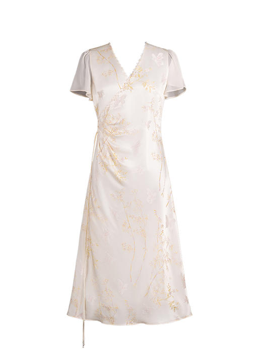 荷言HEYEN  松竹长 高定系列蝴蝶竹纹蚕丝人丝连衣裙旗袍V领水晶贝珠 商品图3