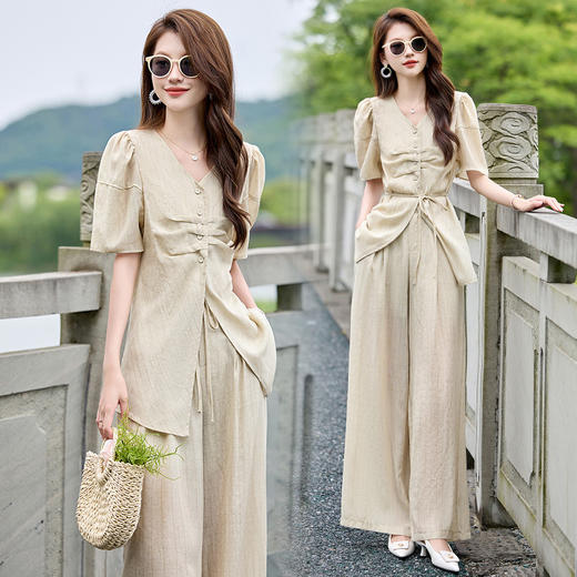 气质淑女腰部系带，设计宽松裤腿裤脚两件套HR-SNX2993 商品图1