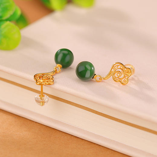 S925纯银镀金和田玉碧玉花丝祥云镂空圆珠耳钉耳坠CW 商品图2