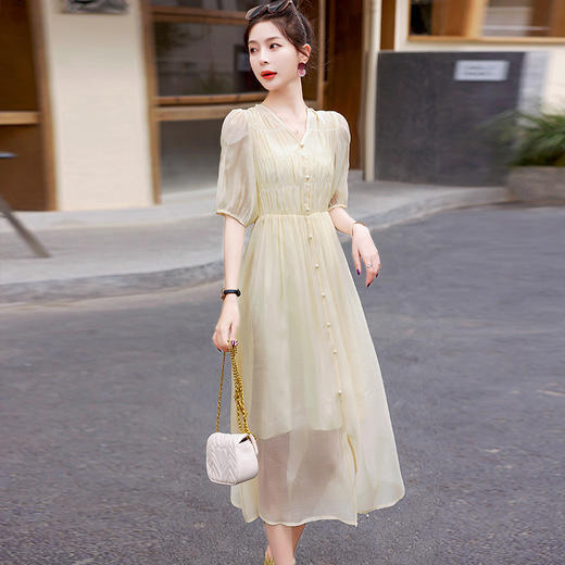 2024春夏新款时尚休闲气质V领温柔风高腰纯色A字裙雪纺连衣裙HR-WZ23079 商品图0