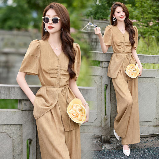 气质淑女腰部系带，设计宽松裤腿裤脚两件套HR-SNX2993 商品图2