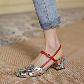 【预售5天】钻石粗跟包头凉鞋，水钻网红编织带镂空罗马鞋HCYYHD&2271