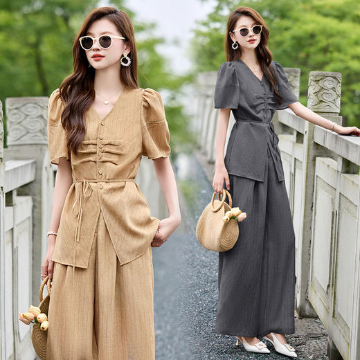 气质淑女腰部系带，设计宽松裤腿裤脚两件套HR-SNX2993 商品图0