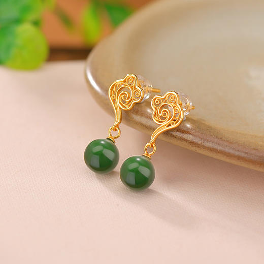 S925纯银镀金和田玉碧玉花丝祥云镂空圆珠耳钉耳坠CW 商品图1