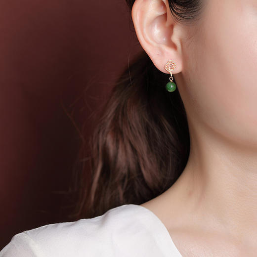 S925纯银镀金和田玉碧玉花丝祥云镂空圆珠耳钉耳坠CW 商品图3