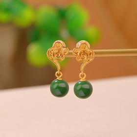 S925纯银镀金和田玉碧玉花丝祥云镂空圆珠耳钉耳坠CW