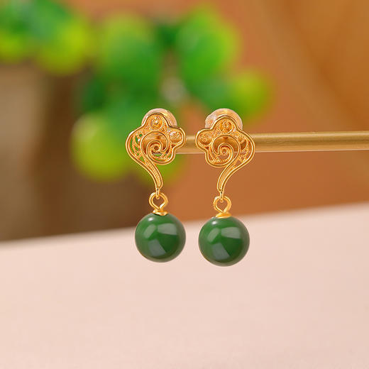 S925纯银镀金和田玉碧玉花丝祥云镂空圆珠耳钉耳坠CW 商品图0