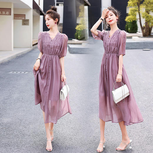 2024春夏新款时尚休闲气质V领温柔风高腰纯色A字裙雪纺连衣裙HR-WZ23079 商品图1