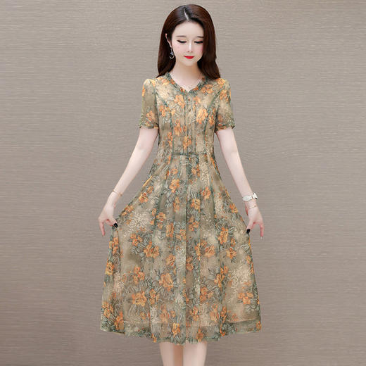 QYMLRX-211124S52-Y 夏季新款花色连衣裙女2024年洋气妈妈装中长款短袖印花裙子 商品图0