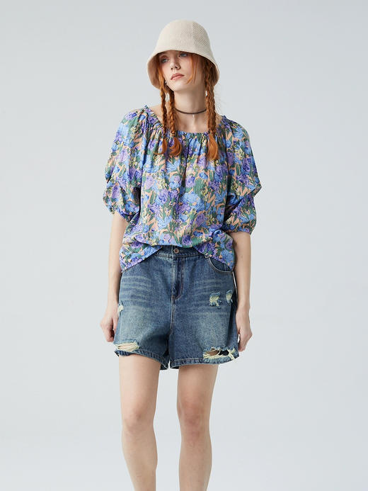 水淼商场同款夏季新品时尚清凉薄款碎花T恤小衫宽松显瘦大码女装8809 商品图2