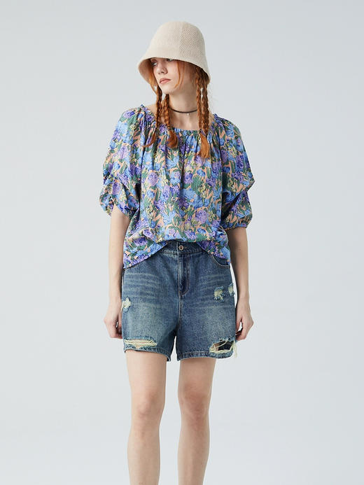 水淼商场同款夏季新品时尚清凉薄款碎花T恤小衫宽松显瘦大码女装8809 商品图0