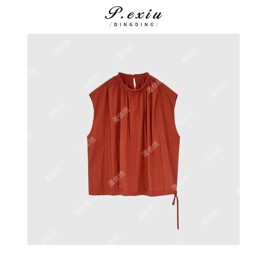 04-1潘依绣丁丁宠粉PanYiXiu/潘依绣法式复古简约褶皱小飞袖圆领衬衫 SH98108 商品图1