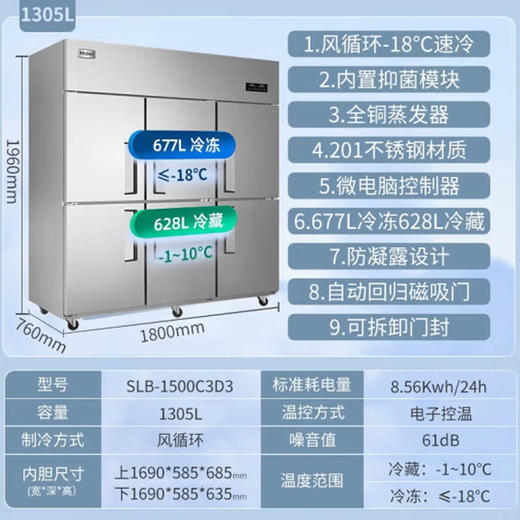 海尔商用厨房冰箱1500升 六门冷藏冷冻双温冰箱 店饭餐厅食堂保鲜不锈钢SLB-1500C3D3 商品图0