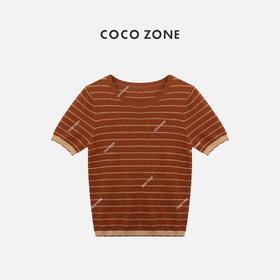 COCO ZONE”大地色“莱塞尔天丝亚麻条纹短袖针织衫休闲百搭圆领上衣CC2B0850