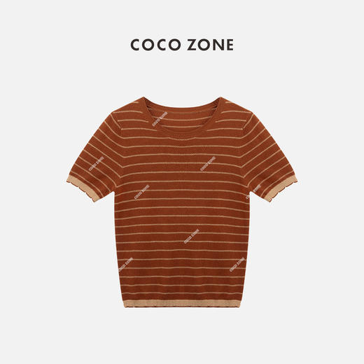 COCO ZONE”大地色“莱塞尔天丝亚麻条纹短袖针织衫休闲百搭圆领上衣CC2B0850 商品图0