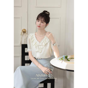 鹿向南「如梦令」法式短袖V领衬衫女夏季新款时尚设计感气质上衣L37828
