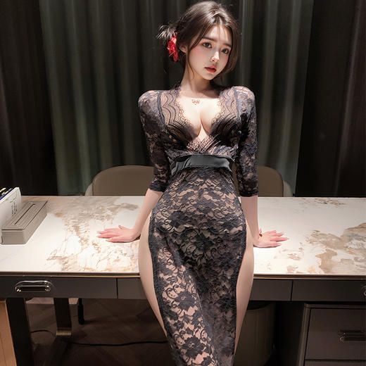霏慕 深V高开衩透视蕾丝长裙6363 商品图0