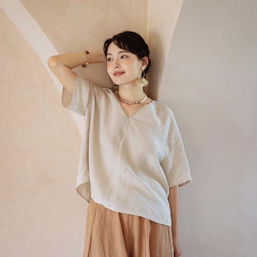 绽放361朵【甜茶系列·卡布奇诺】法国进口砂洗亚麻v领短袖衬衫 商品图1