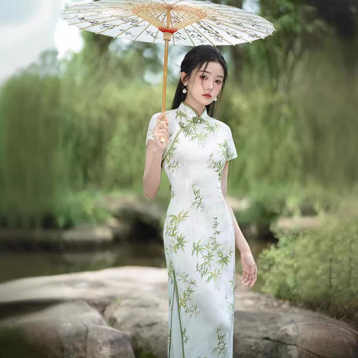 2024年夏新款新中式国风文艺长款修身气质双层轻薄改良旗袍XL1018 商品图2