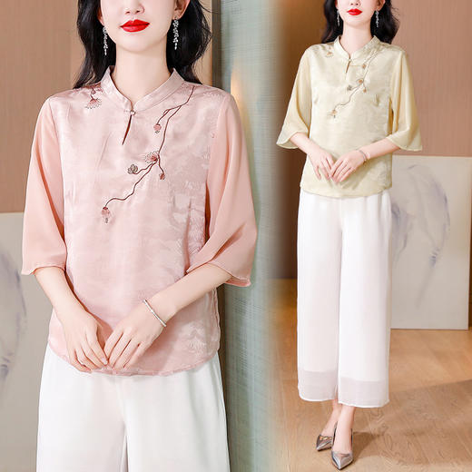 仿醋酸缎面提花短袖衬衫，高级感新中式国风上衣K-435H5769 商品图2