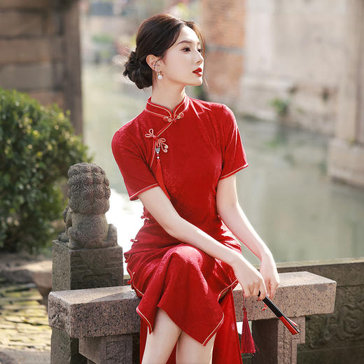 2024夏季新款国风订婚送考提花中长款红色气质显瘦宴会婚礼旗袍MLS-6891 商品图1