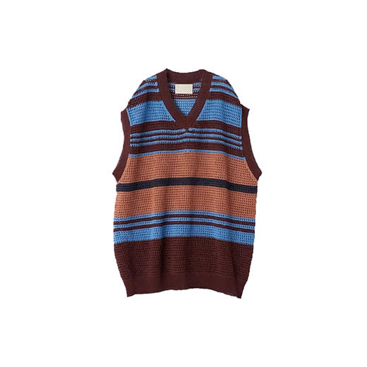 YOKE BORDER MESH KNIT VEST V领棉针织条纹背心 商品图2