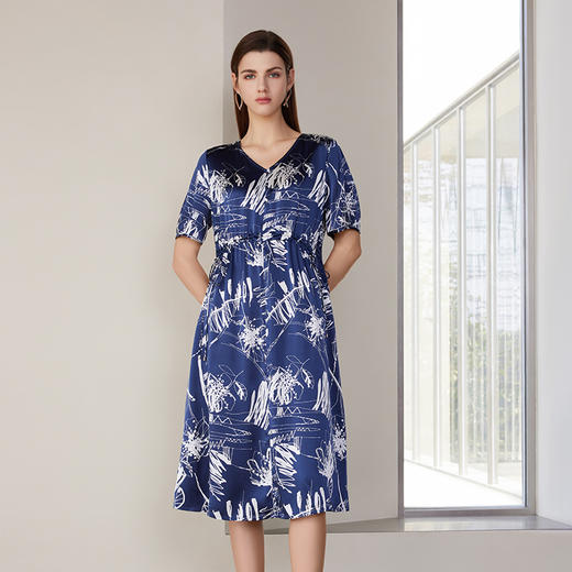 【V领拼接真丝裙】24年春夏新品女士100%桑蚕丝收腰系带真丝裙子 商品图0