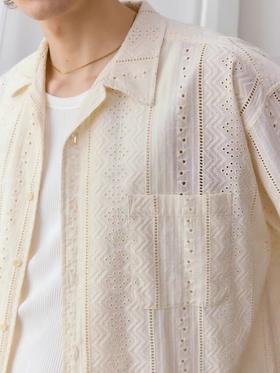 EviStub/E-4XCS93/镂空纹理全棉透气宽松休闲古巴短袖衬衫