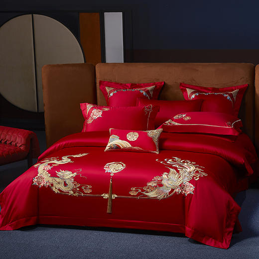 自然醒100支长绒棉囍嫁系列婚庆四件套全棉大红刺绣纯棉喜被新婚嫁结婚房床品GDS 商品图1