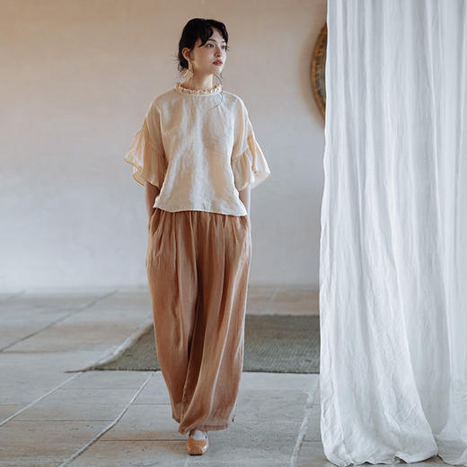 绽放374【甜茶系列·杏仁拿铁】高支砂洗亚麻风琴褶荷叶短袖衬衫 商品图3