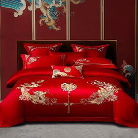 自然醒100支长绒棉囍嫁系列婚庆四件套全棉大红刺绣纯棉喜被新婚嫁结婚房床品GDS