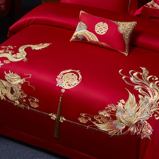 自然醒100支长绒棉囍嫁系列婚庆四件套全棉大红刺绣纯棉喜被新婚嫁结婚房床品GDS 商品图3