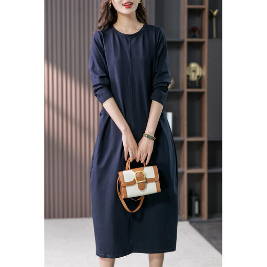 87824原形宽松显瘦连衣裙女长袖2024春季新款韩版高级感圆领直筒长裙子 商品图3