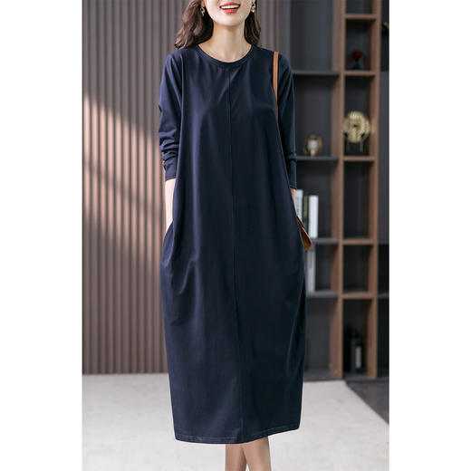 87824原形宽松显瘦连衣裙女长袖2024春季新款韩版高级感圆领直筒长裙子 商品图4