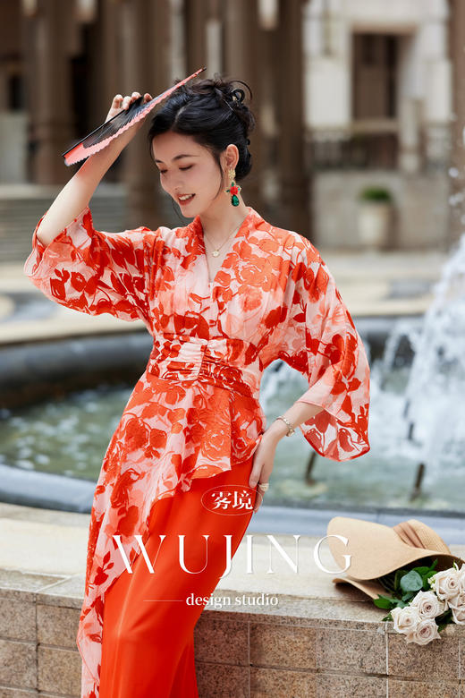 【雾境定制】花影橘梦系列双重工艺烧花缎蜂窝缎连衣裙 3204090 商品图1