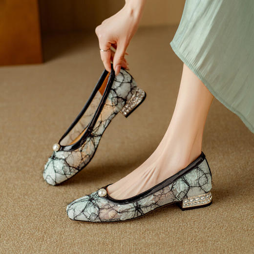 【预售5天】法式低跟网纱珍珠单鞋女2024新款真皮方头浅口透气玛丽珍鞋NJMK&K1018 商品图0